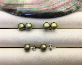 Orecchini a bottone con perla verde AAA da 7,5-8 mm, argento sterling, SE1-028