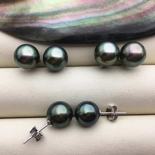 1 pair AA+ 9-10mm natural green near round tahitian pearl stud earrings,sterling silver,SE3-109-100