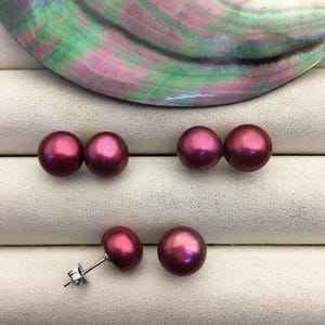 May include: A collection of deep red pearl earrings, displayed on a white surface. The pearls have a lustrous sheen, and the earring posts are silver. A large, iridescent shell provides a backdrop.