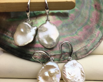 1 pair AAA 16-18mm white Natural keshi Freshwater Pearl Dangle Earrings,Earrings for Women Girls,SE3-T2