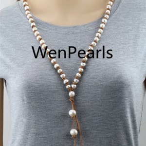 11mm Button Freshwater pearl and leather necklace,Baroque Freshwater Pearl Necklace,white pearl necklace,wholesale,Le3-014