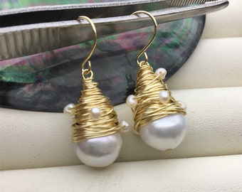 Big White Freshwater Pearl dangle earrings,earring with white Natural Pearl,SE3-120-4