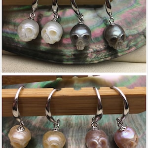 AAA 8mm white/pink/purple/gray/black HandMade Carved Skull Freshwater Pearl Dangle Earrings,Pearl Earrings for Women Girls,SE3-027-3