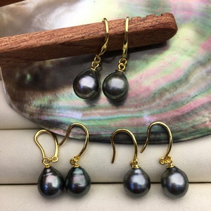 1 pair AA+ 9-10mm natural green drop tahitian pearl stud earrings,sterling silver,SE3-109-29