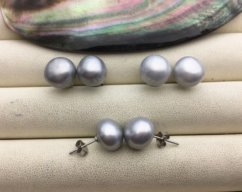 AAA 11-12mm big Silver gray button round Pearl Stud Earrings,freshwater pearl earrings,Wedding,classic pearl studs,SE1-069-13