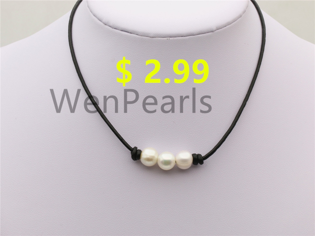 Three Pearl Leather Pearls Choker Necklace Genuine Freshwater Pearl ...