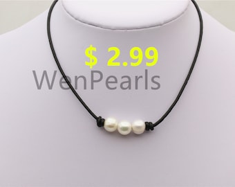 Three pearl Leather Pearls choker necklace - Genuine freshwater pearl - Real leather - wen pearls - Le4-003