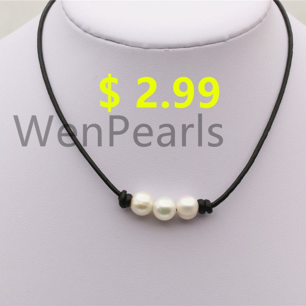 Three pearl Leather Pearls choker necklace - Genuine freshwater pearl - Real leather - wen pearls - Le4-003