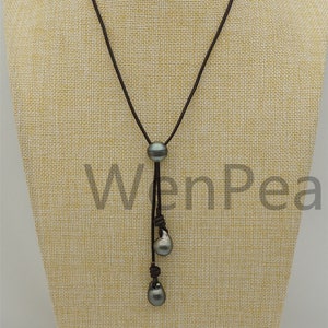 Big Tahitian pearl necklace, Pearl and Leather Lariat Necklace, Light Brwon Leather Pearl necklace,Sea pearl, Black pearl necklace,Le11-023