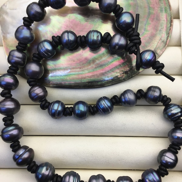 Collier de perles et de cuir bleu profond de 12mm, collier de perles d'eau douce véritable, collier de perles blanches, vente en gros, Le4-078
