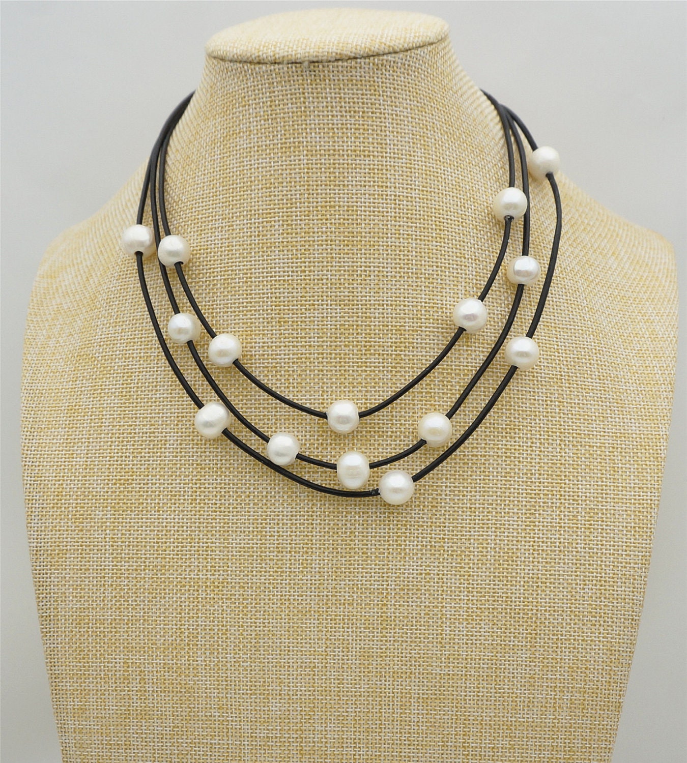 Floating pearl and leather Necklace Three Rows Leather Etsy