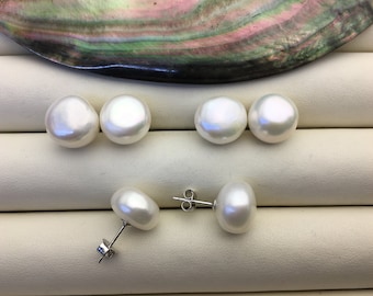 2 pairs AA+ 12-13mm big white baroque nugget Pearl Stud Earrings,freshwater pearl earrings,classic pearl studs,SE1-069-26