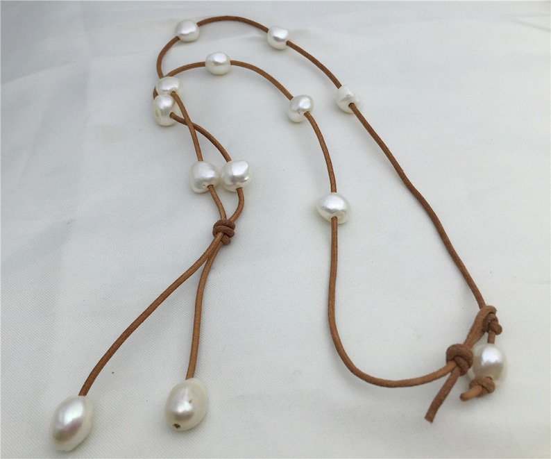 Freshwater Pearl and Leather Lariat Necklace Light Brwon - Etsy