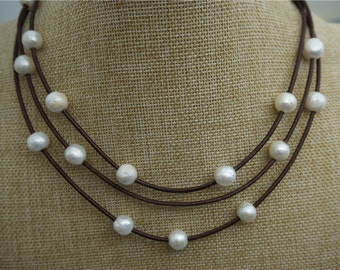 Floating pearl and leather Necklace, Pearl and Leather Necklace ,Multi-Strand  Pearls necklace ,Pearl and Leather,Le1-084