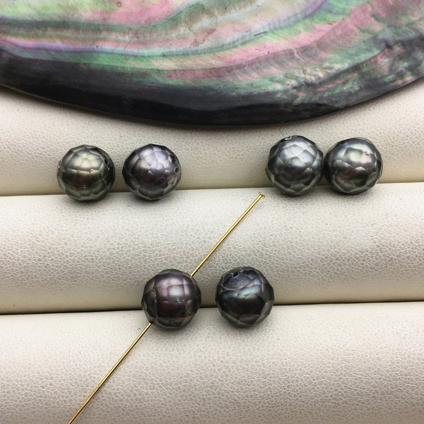 1 pair AA+ 9/10mm gray green round Handmade Carved Genuine Tahitian sea pearl,0.9mm through hole, CAC-FLW-7-19