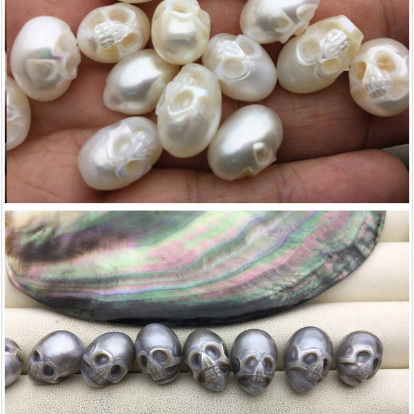 1pc AAA 11-12x14-16mm Long White/Gray HandMade Carved skull freshwater pearl beads For necklace pendant earrings,CAC-SKU-002