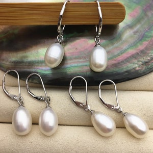 Pendientes colgantes de perla de arroz blanco de 9 mm, pendientes de dama de honor, perla genuina para aniversario de bodas, perla con aro francés, SE3-074