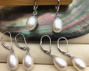 9mm white rice pearl dangling earrings,bridesmaid earring, genuine pearl for wedding anniversary, pearl with france hoop,SE3-074