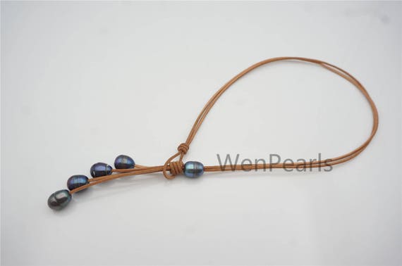 ★PEARLY MORE★ True drop leather necklace Big Deep Blue Drop Pearl Leather Necklace, Black Freshwater