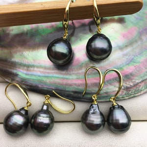 AA+ big 11-12mm Gray Green Tahitian drop pearl dangling earrings,bridesmaid earring, genuine pearl for wedding anniversary,SE3-109-14