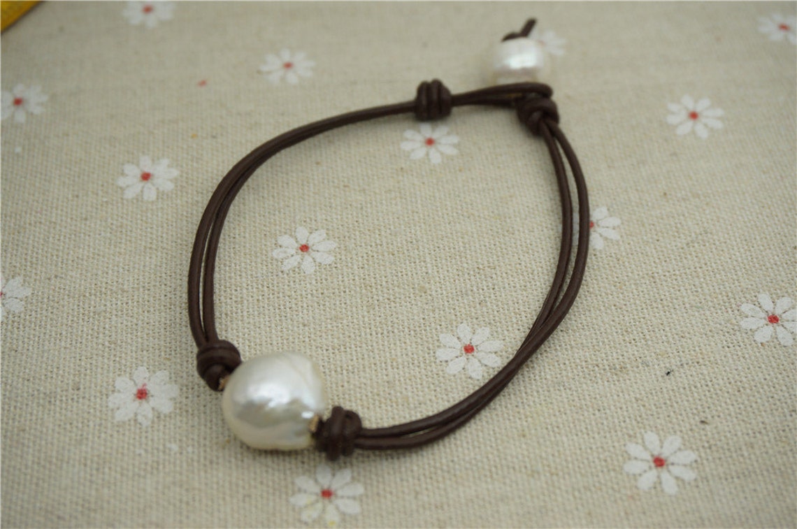 Huge Pearl and Leather Bracelet Leather Pearls Bracelet Etsy