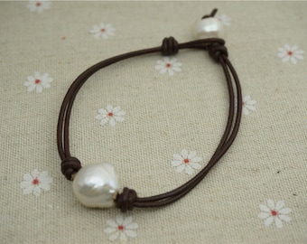 Huge Pearl and leather bracelet, Leather Pearls Bracelet, Handmade Cuff,White Pearls on Brown Leather,Black leather bracelet,Le7-069