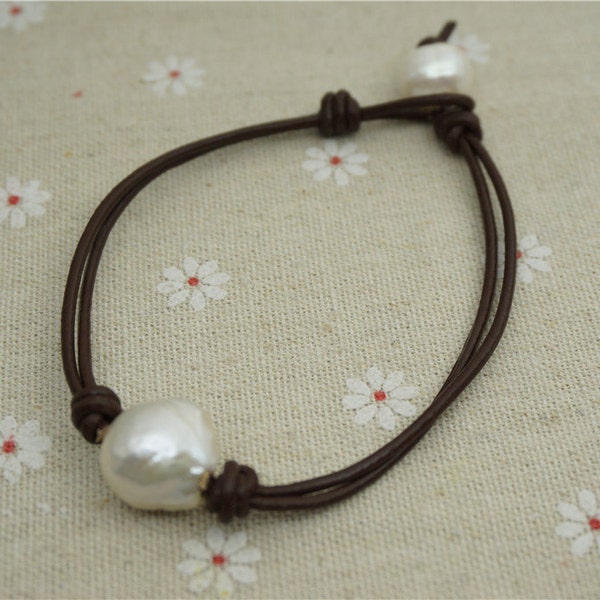 Huge Pearl and leather bracelet, Leather Pearls Bracelet, Handmade Cuff,White Pearls on Brown Leather,Black leather bracelet,Le7-069