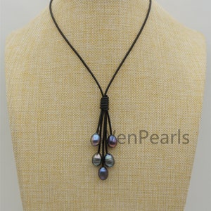 Five Deep Blue Gray Rice Pearl Leather necklace, Green Freshwater pearl, Birthday,Black Leather Pearl necklace,Select leather color,Le4-076