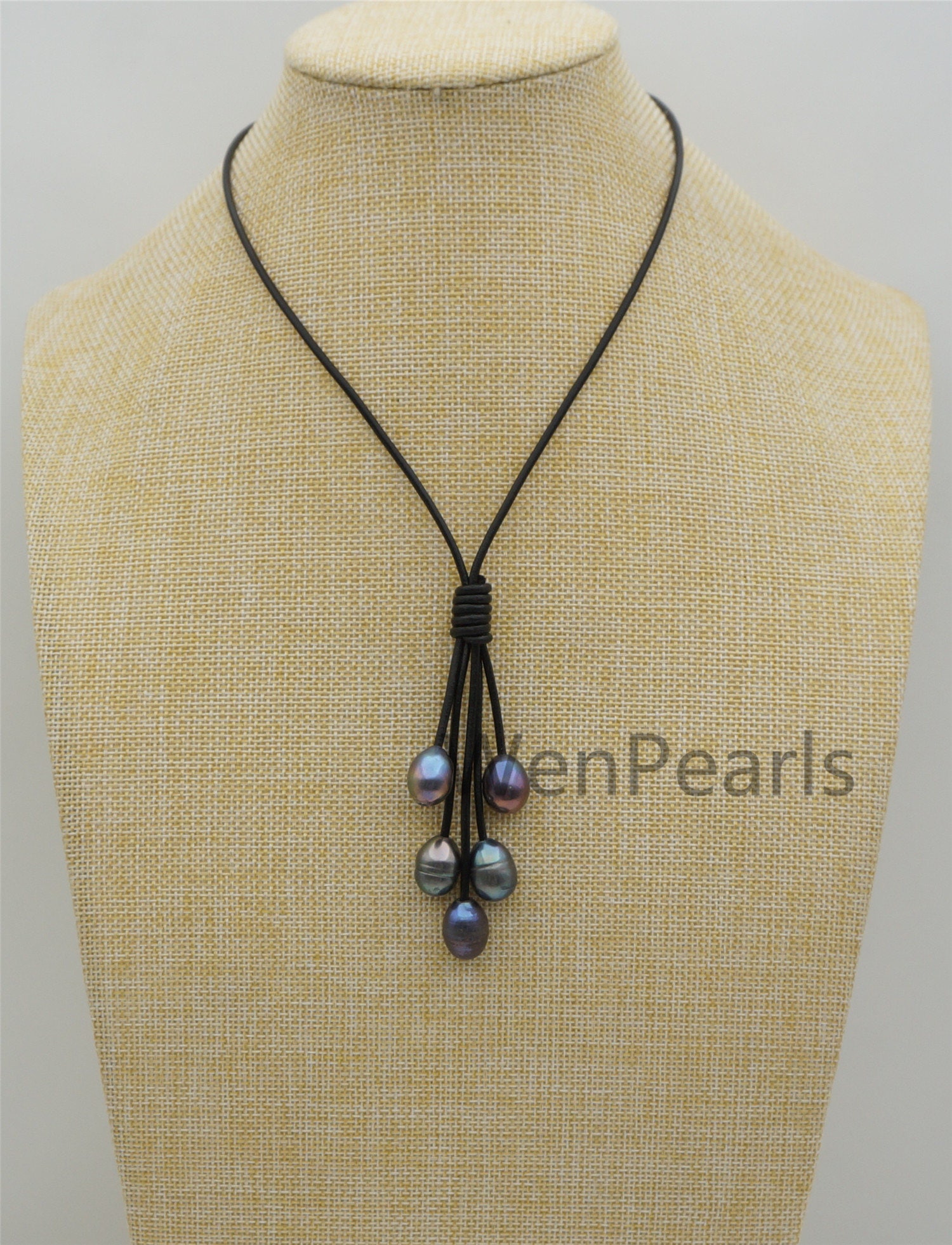 Five Deep Blue Gray Rice Pearl Leather necklace, Green Freshwater pearl, Birthday,Black Leather Pearl necklace,Select leather color,Le4-076