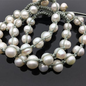 11 mm stort armband med vit pärltråd, justerbar längd, pärlarmband, knutet sötvattenspärlarmband, Pärlarmband, B8-008