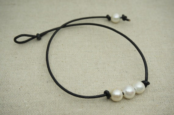 3 White Freshwater Pearl and Leather Necklace