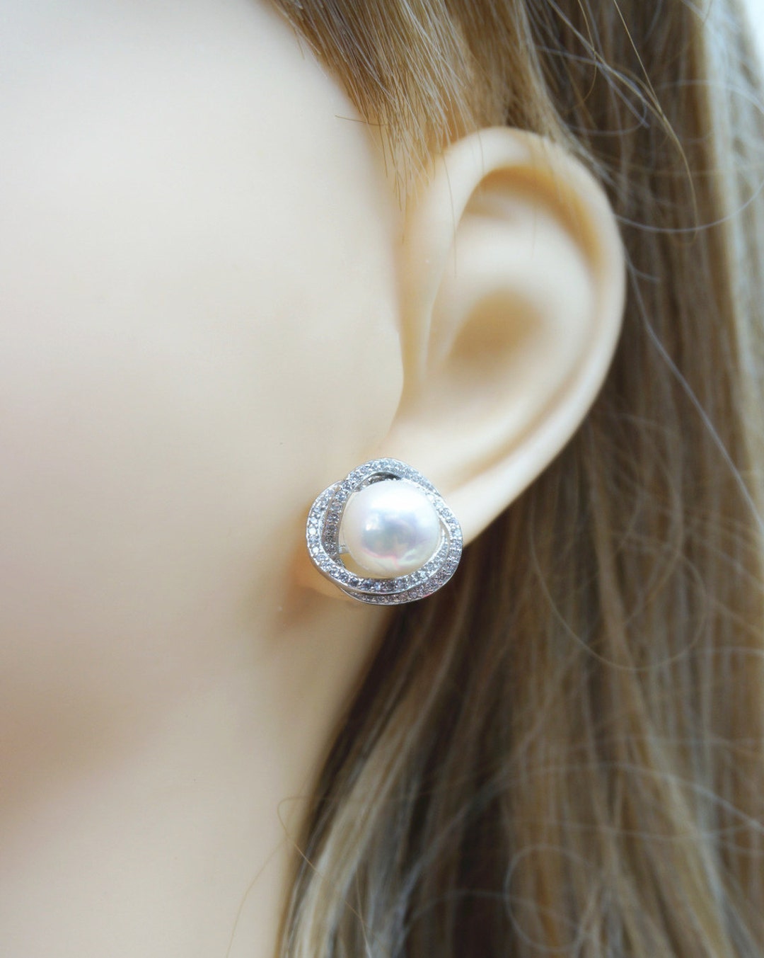 Big Sterling Silver S925 Pearl Stud Earrings,genuine