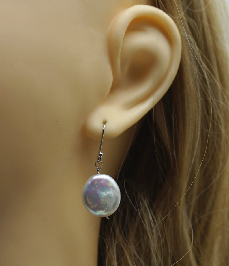 AAA White Coin Pearl Dangle Earrings S925 silver pearl dangle earrings,SE3-105 image 2