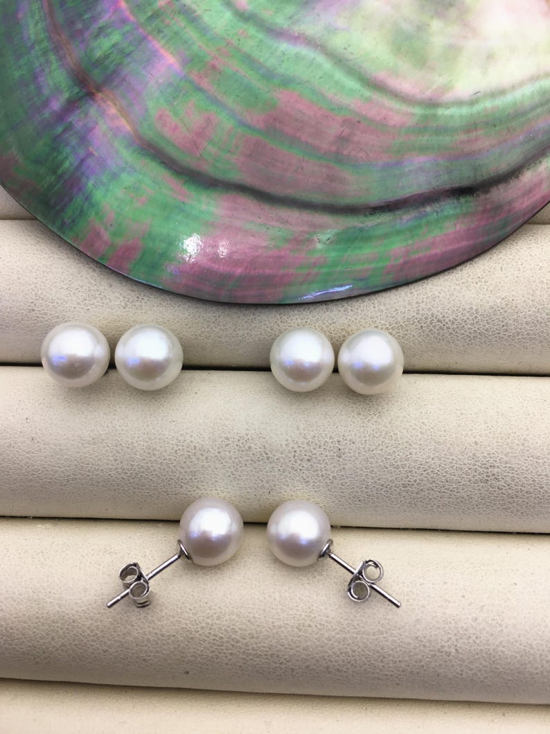 AAA 9-9.5mm White Round Fresh Water pearl stud earrings,Bridal Earrings-Wedding Jewelry-Bridal jewelry-Birthday gift,SE3-090 image 2