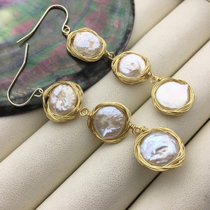 Handmade white three coin pearl dangle earrings,earring with white baroque Natural Pearl,SE3-120-7