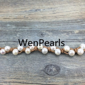 9mm two rows pearl bracelet,Leather Pearls Bracelet, Handmade Cuff,White Pearls on Brown Leather,Black leather bracelet,Le7-050