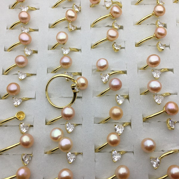 6pcs Gold Open AAA pink pearl ring,inexpensive engagement rings,fashion rings,fake diamond rings real pearls,inexpensive ring,R1-088-7
