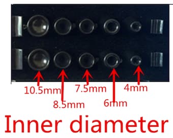 May include: A black plastic sheet with eight round holes of different sizes. The holes are labeled with their inner diameters in millimeters: 10.5mm, 8.5mm, 7.5mm, 6mm, and 4mm. The text "Inner diameter" is written below the holes.