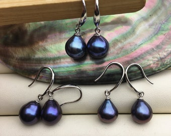 AAA 9.5-10mm Deep Blue  Big teardrop pearl dangle earrings,S925 Sterling Sliver pearl earrings,pearl for women,SE3-T51