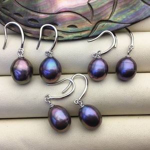 1 pair AA+ 9.5-10mm purple rainbow rice pearl dangle earrings,SE3-T12