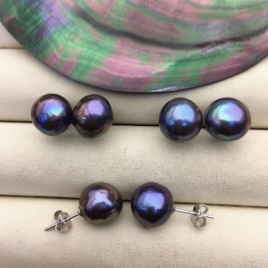 2 pairs AA+ 10-12mm deep blue black baroque near round edison pearl stud earrings,Sterling Sliver earrings,wedding pearl earrings,SE3-T9-8