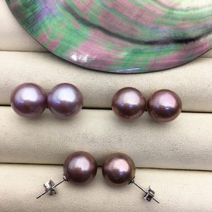 May include: Three pairs of pearl earrings in varying shades of purple. The pearls are round and have a lustrous sheen. The earrings are set on silver posts. A large, iridescent shell is in the background.