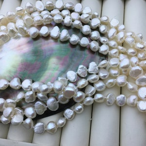 May include: A strand of white freshwater pearls, with a baroque shape, displayed on a shell and a white surface.