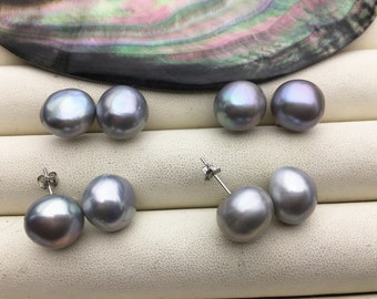 2 pairs AA+ 11.5-12.5mm big gray baroque round Pearl Stud Earrings,S925 sterling sliver,freshwater pearl earrings,Wedding,SE1-069-17