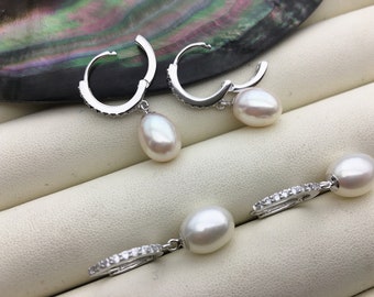 AAA white oval pearl earring wedding,Sterling Silver rice pearl dangle earrings,bridal earrings pearl,SE3-070