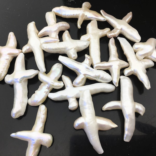 1pc AAA 25-30x35-50mm Thick Freshwater Pearl Loose Pearl Bead White Cross Pearl Loose Bead,Select hole type,ZS-100-2