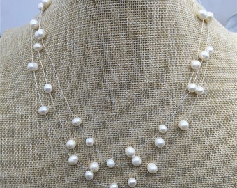 6-7mm floating necklace,illusion necklace,multi strand necklace,white pearl necklace,bridesmaid necklace,NPN3-001