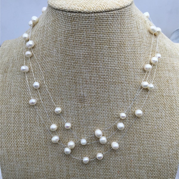 6-7mm floating necklace,illusion necklace,multi strand necklace,white pearl necklace,bridesmaid necklace,NPN3-001