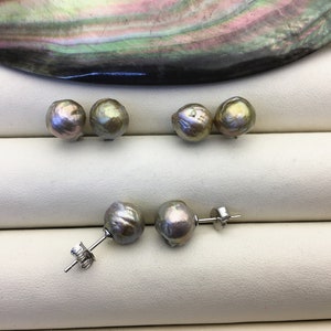 2 pairs AA+ 9-10mm gray baroque near round edison pearl stud earrings,S925 Sterling Sliver stud earrings,SE3-T68