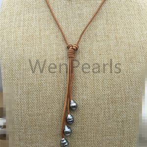 Collar de cuatro perlas tahitianas - 9-11mm perla tahitiana real - color natural - cuero real - Le11-017